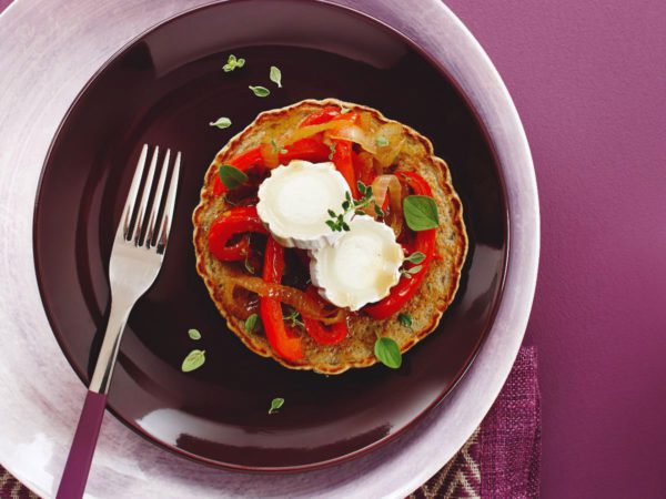 Recipe — Buckwheat-Chia Pancakes with Maple-Caramelized Peppers and Goat Cheese