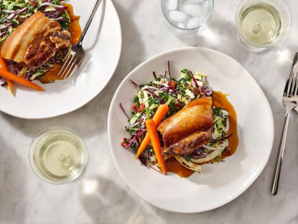 Recipe — Maple Syrup-Braised Pork Belly with Maple Glazed Carrots and Maple Vinegar Coleslaw