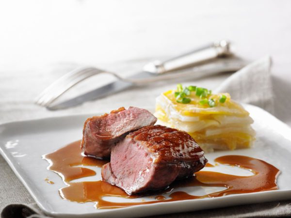 Recipe — Maple-Lacquered Brome Lake Duck Breast with Crisp and Tender Root Vegetable Gratin