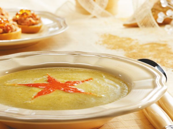 Recipe — Zucchini Soup with Red Pepper and Maple Syrup Coulis