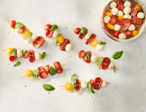 Maple-Glazed Tomatoes, Bocconcini and Dry Sausage Mini-Skewers