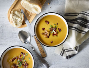 Butternut Squash Soup with Maple-Pancetta Garnish