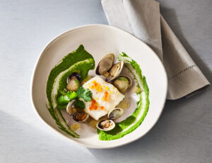 Baked Cod with Shellfish Consommé Jelly and a Maple-Cilantro Sauce