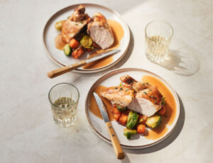 Herbed Chicken Supremes with a Sweet Potato Fricassee and Maple Brussels Sprouts